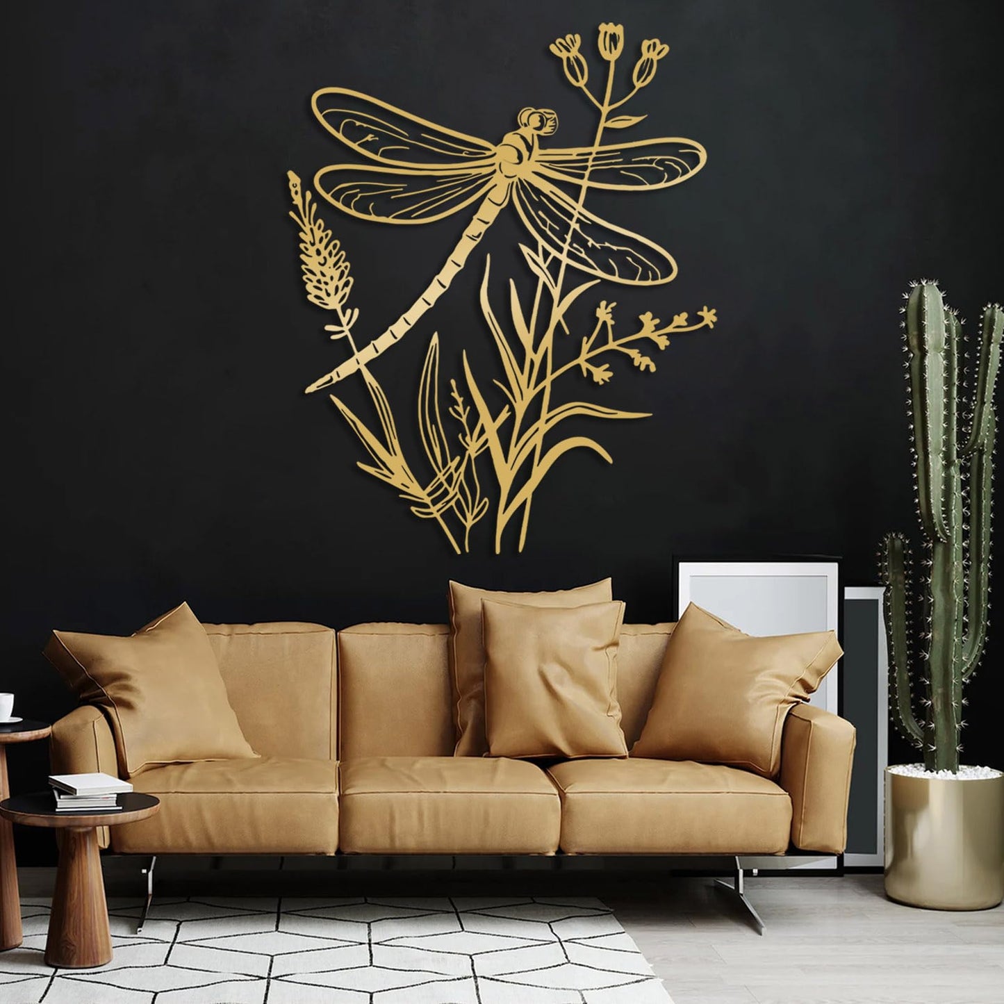 Dragonfly Metal Wall Art, Dragonfly and Flower Metal Wall Decor, Insects Wall Art, Large Dragonflies Wall Hanging, Wild Flower Wall Sculpture, Rustic Farmhouse Decorations (Black, 19"x15"/47x38cm)