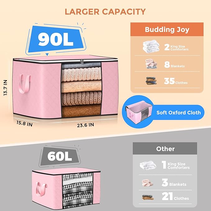 Budding Joy 90 L Large Storage Bags, 6 Pack Clothes Bins Foldable Closet Organizer Containers for Blanket, Comforters, Bed Sheets, Pillows (Pink)