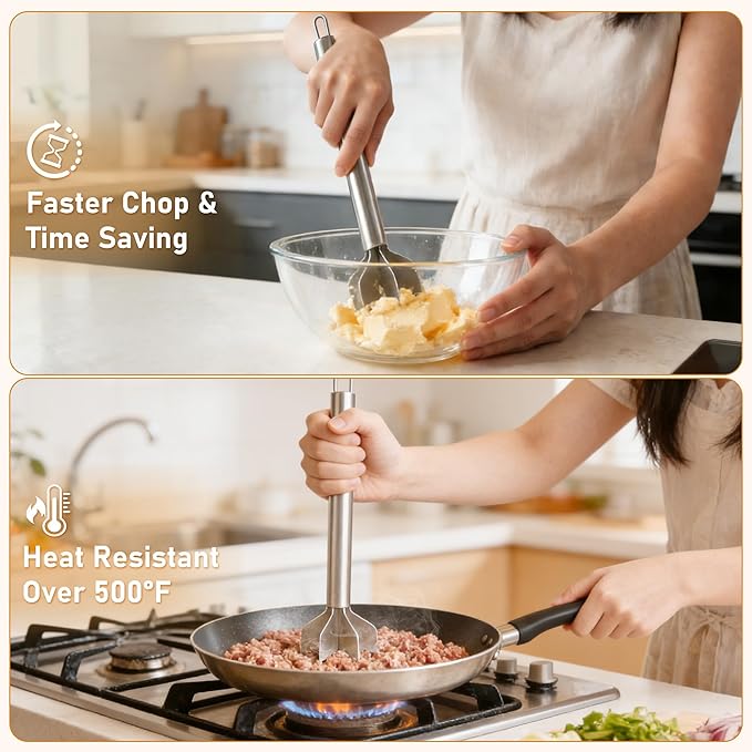 Meat Masher, Stainless Steel Ground Beef Masher 10.8Inch Potato Chopper with Handle, 6 Blade Masher Shredder for Kitchen Cooking Hamburger Vegetable Puree