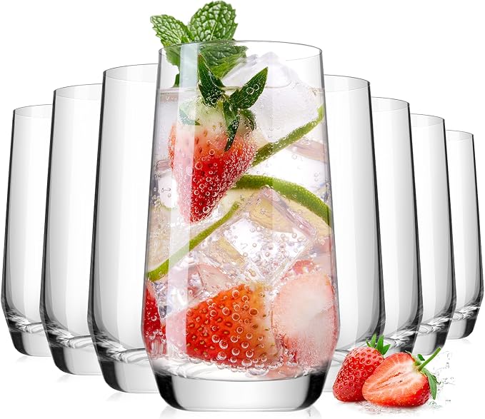 LUNA & MANTHA Drinking Water Glasses Set, Lead-Free Crystal Highball Glass, Tall Glass Cups for Cocktail Parties,Clear set of 8,16.2oz