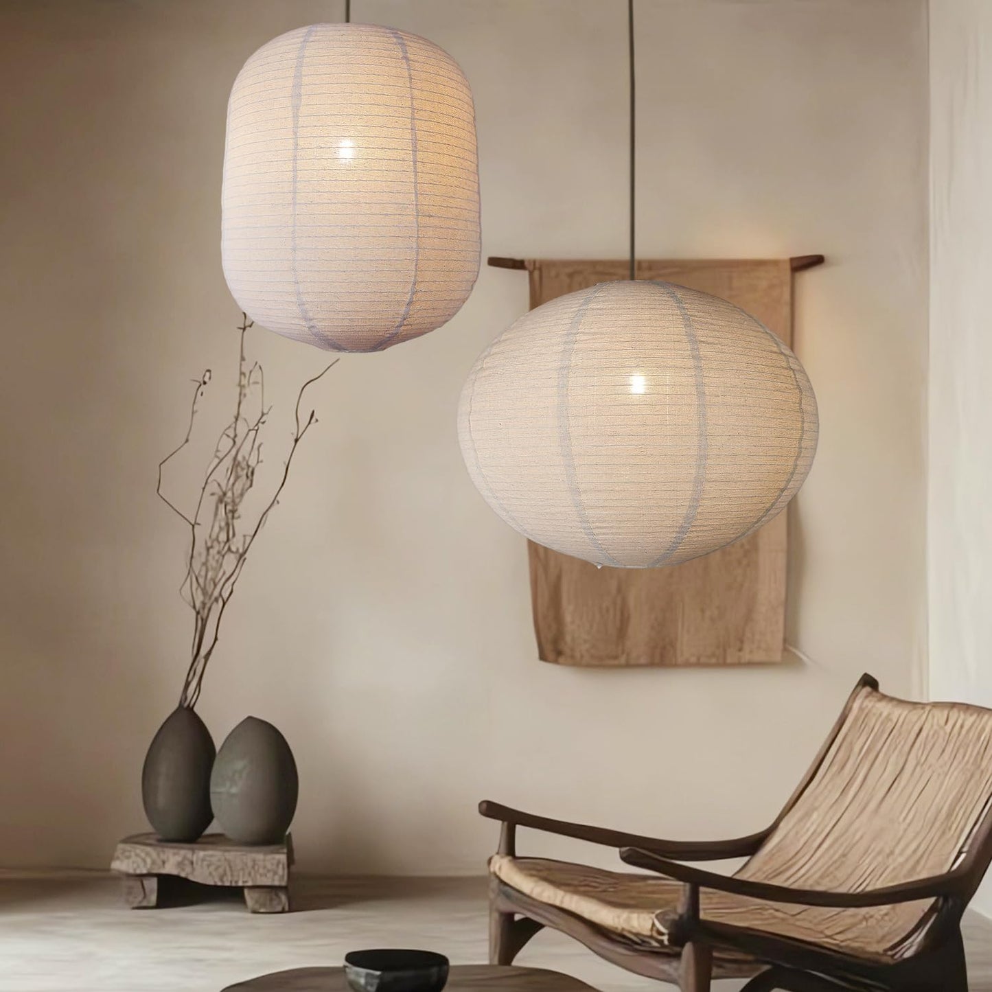 METHEDEECO 2-Piece Hanging Lamp Shade Set, 1 Oval 20x15 in + 1 Cylinder 13.5x17 in, Faux Linen Fabric Pendant Light Shades, Foldable Minimalist Pendant Lantern Shades, Nature Beige, Shades Only