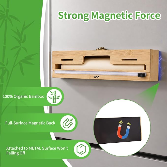 MSJGA Magnetic Plastic Wrap Dispenser with Cutter, Refrigerator Bamboo Organizer for Tin Foil, Baking Paper, Wax Paper Holder Kitchen Storage Box Compatible