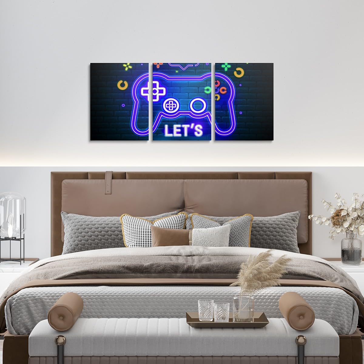 Feelyou 3pcs Blue Gamer Canvas Wall Art for Living Room Gaming Picture Wall Decor for Dining Room Bedroom Bathroom Neon Game Controller Wall Art Kitchen Print Painting for Boys Game Home Decorations