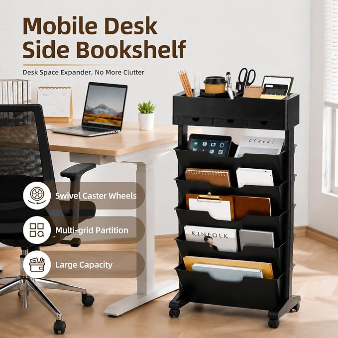 5 Tier Rolling Utility Cart Multi-Functional Movable Storage Book Shelves with Lockable Casters for Study Office Kitchen Classroom, White (Black, with Wheel)