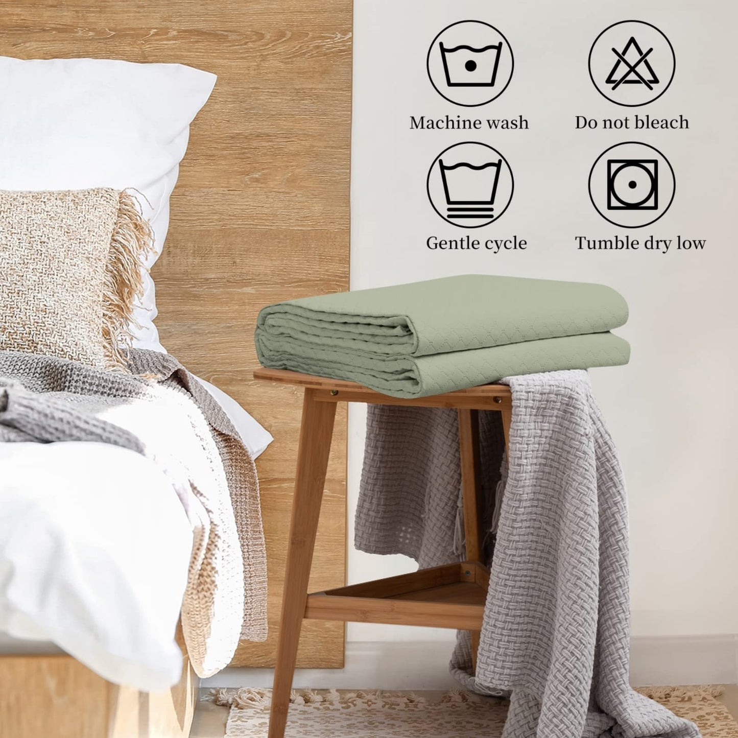 HollyHOME Luxury Checkered Super Soft Solid Single Pinsonic Quilted Bed Quilt Bedspread Bed Cover 102"x96", Sage Light Green, King