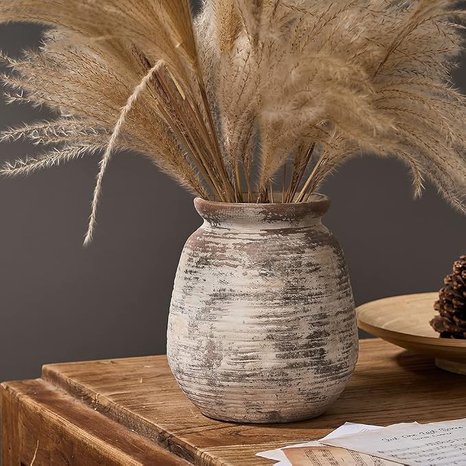 SIDUCAL Ceramic Rustic Vase, Whitewashed Terra Cotta Vase, Distressed Farmhouse Décor, Pottery Decorative Flower for Home Decor, Table, Living Room Decor, Shelf, Mantel, 7.3 Inch, Fired Terra Clay