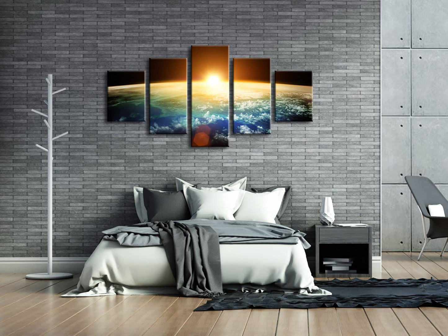 Pyradecor The Earth Large 5 Panels Modern Gallery Wrapped Landscape Canvas Print Space Pictures on Canvas Wall Art Work Ready to Hang for Living Room Bedroom Home Office Decor L