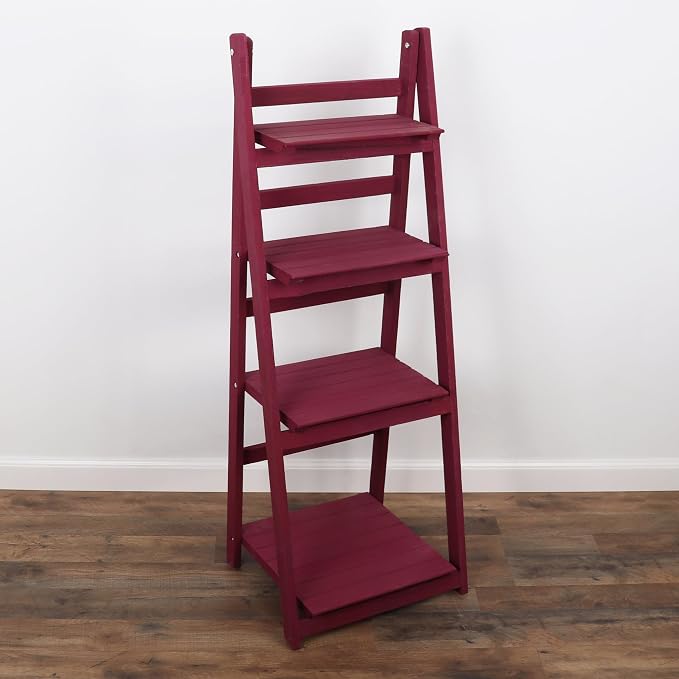 Distressed Ladder Shelf - Rustic Leaning Bookshelf for Home Decor (Raspberry)