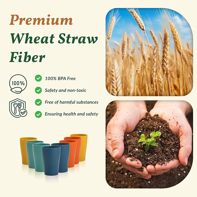 Homienly Stackable Drinking Glasses Set Wheat Straw Shatterproof Cups | Unbreakable Kitchen Cups for Kids & Adults | Reusable, Dishwasher Safe for Party, Outdoor (8 oz, Small)