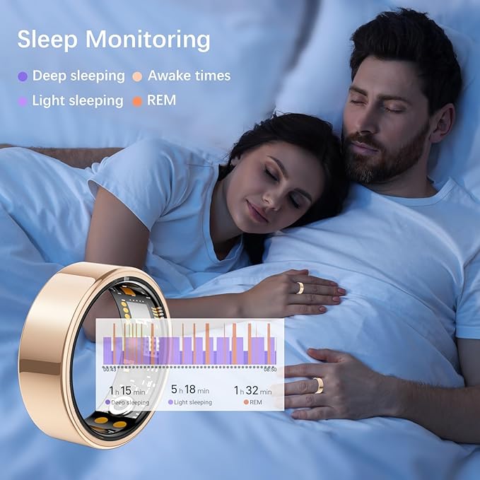Ring Health Tracker for Women Men, Fit Ring with Heart Rate, Blood Oxygen, Sleep Monitor, Calories, Step Counter, IP68 Waterproof Smart Ring for iPhone & Android, No Subscription Fee (Rose Gold, 12#)