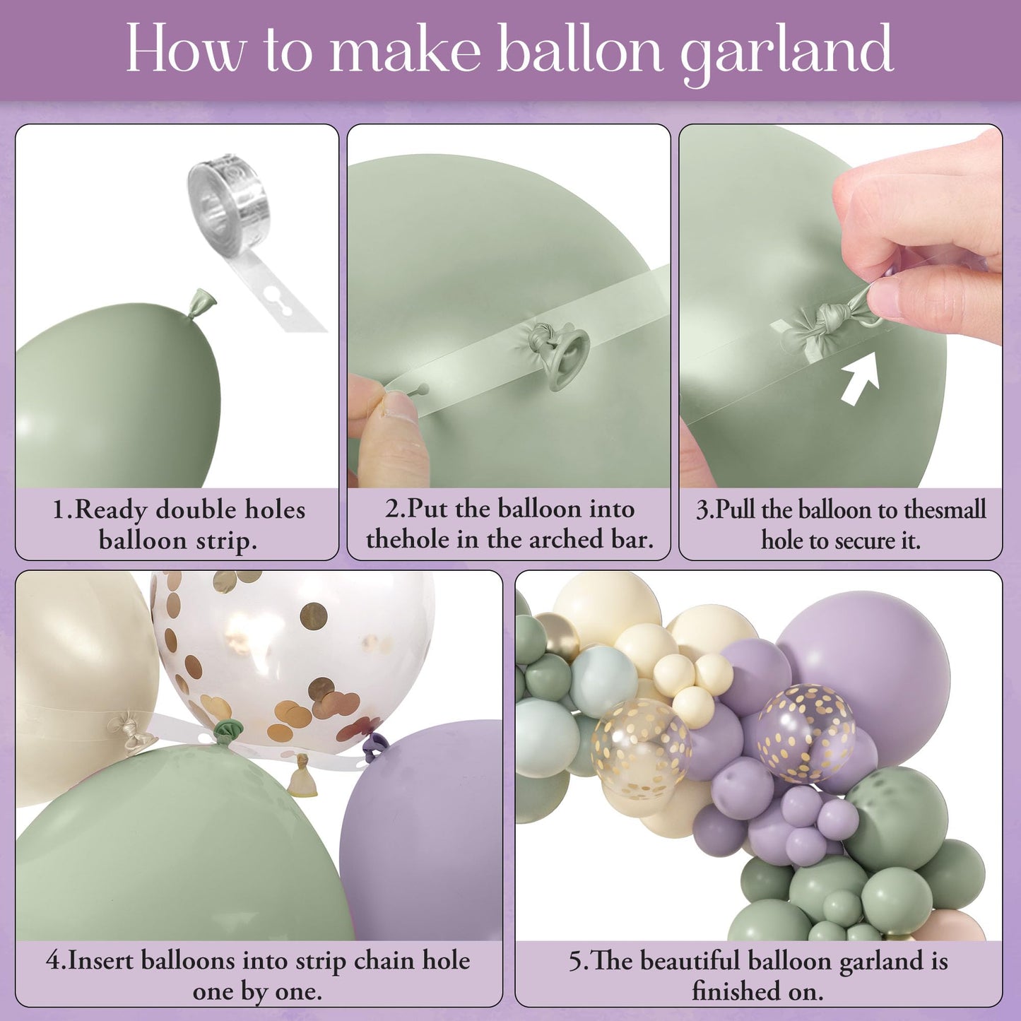 Amandir 173Pcs Dusty Green Purple Pink Balloon Arch Garland Kit, Lavender Pastel Blush Pink Yellow Mist Green Gold Confetti Balloons for Easter Shower Wedding Tea Wildflower Birthday Party Decorations