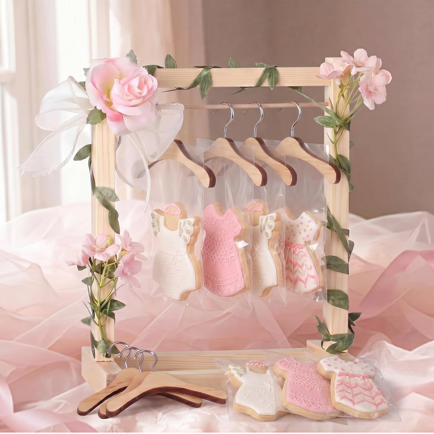 Suclain Mini Wooden Cookie Display Stand for Baby Shower Bridal Shower with 6 Hangers, Solid Wood Cookie Rack with Faux Flowers, Vines, Ribbon and Treat Bags for Wedding Tea Doll Party Dessert (Pink)