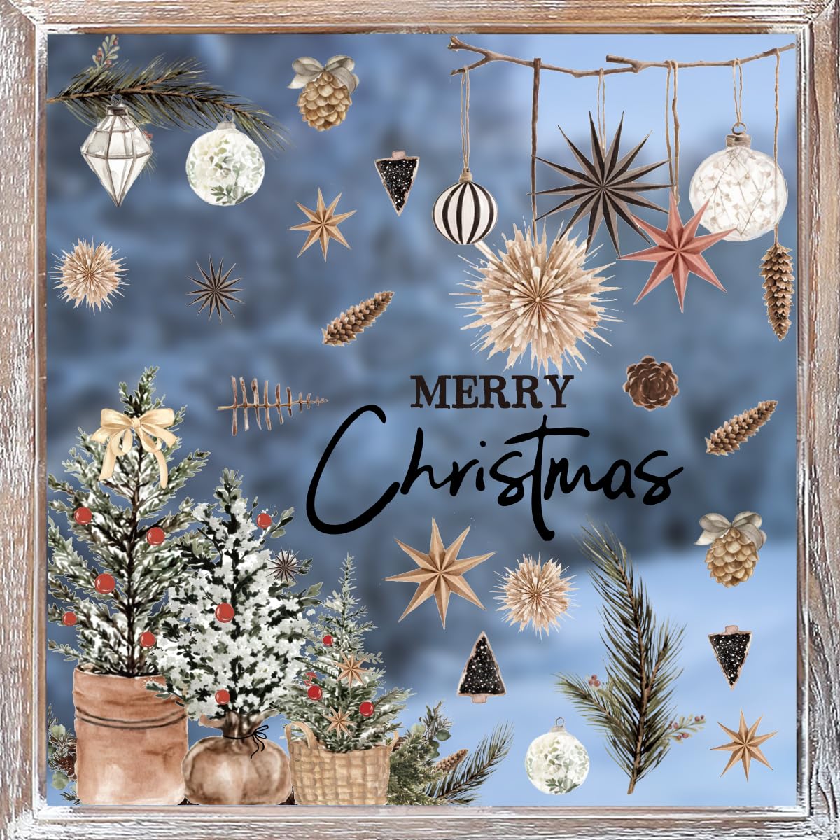 Horaldaily 45 PCS Christmas Window Cling Sticker, Brown Xmas Trees Ball Ornaments for Home Party Supplies Shop Window Glass Display Decoration