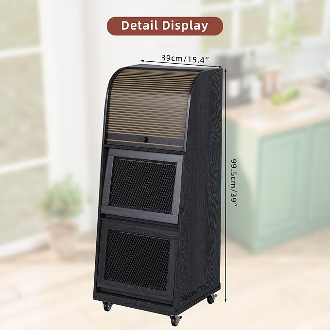 Movable Onion and Potato Storage Bin Box, Black Potato Bins with Wheels and Sliding Door, Farmhouse Fruit and Vegetable Basket Storage, Small Food Kitchen Pantry Cabinet, Wooden Bread Box, Flip-top