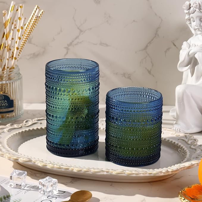 Moretoes Hobnail Drinking Glasses Set of 6, 12 Oz Highball Glasses & 10 Oz Cocktail Glasses, Clear Embossed Boho Glass Cups Kitchen Bar Tumbler Glassware Set for Whiskey, Beer, Juice, Milk (Blue)