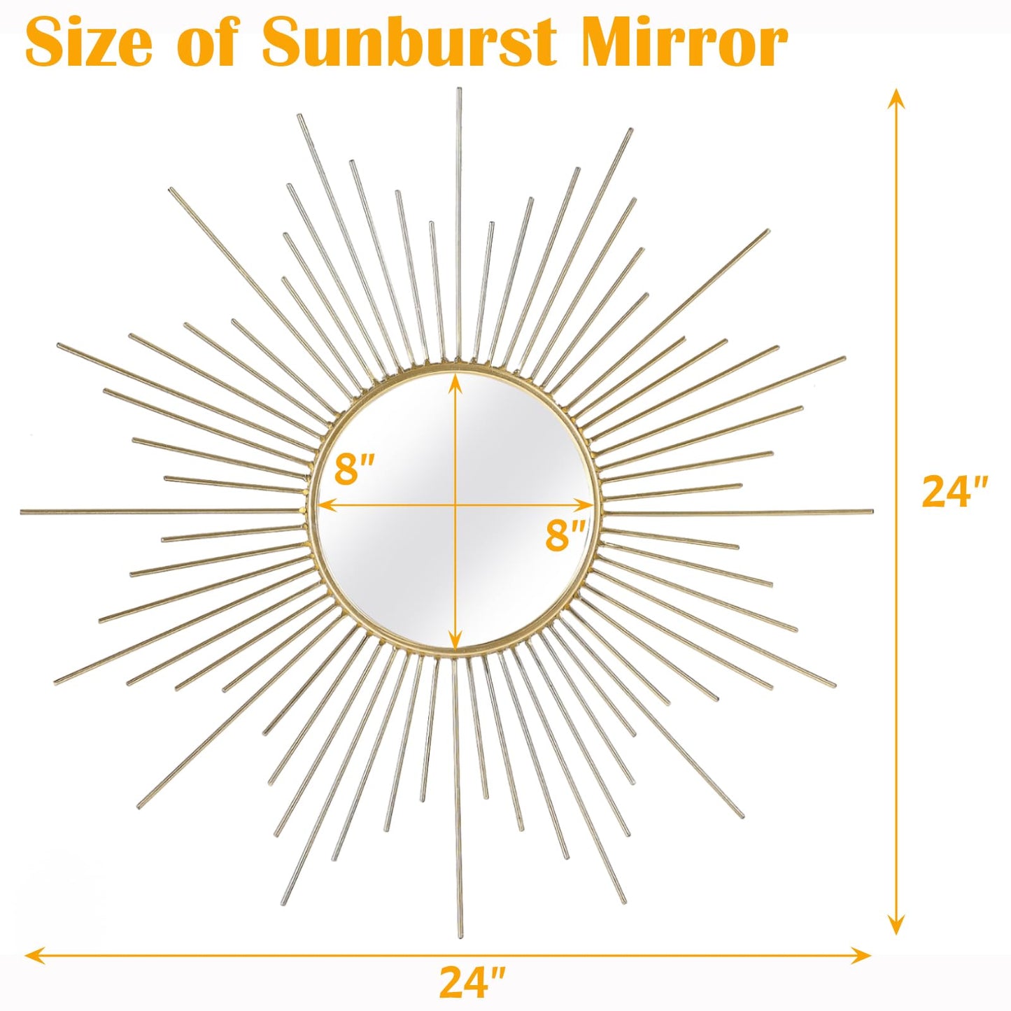 24'' Large Gold Sunburst Mirror, Metal Starburst Mirrors, Mid-Century Modern Sun Mirror Wall Decor for Living Room, Bedroom, Bathroom, Hallway, and Entryway