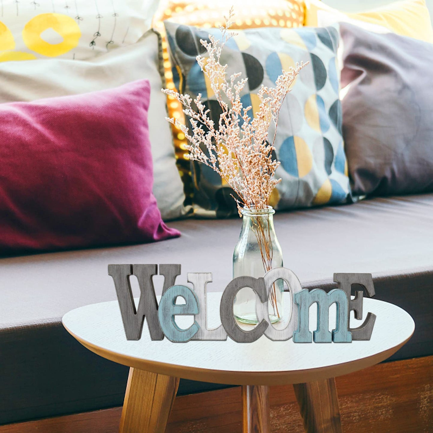 Morning View Wooden Welcome Sign Decorative Hanging Word Signs Table Top Cutout Block Letters Standing Welcome Letter Sign Wall Decor for Living Room Home Decor Shelf Mantel (Aqua)
