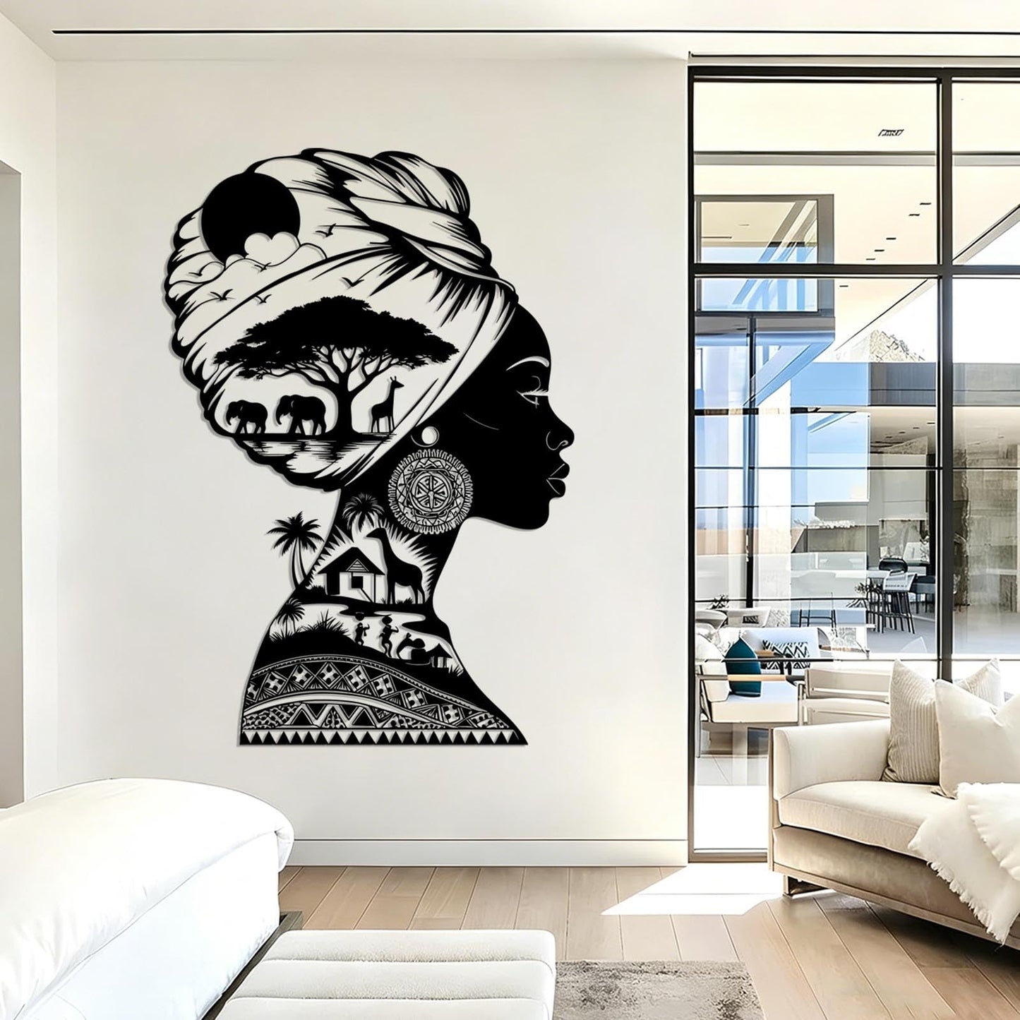 EUSTUGO African Woman Metal Wall Art, African Animals Metal Wall Art, Africa Jungle Wall Decor, Safari Decor, Black Women Silhouette Home Decoration for Living Room (Gold 1, 48"x33"/121x83cm)