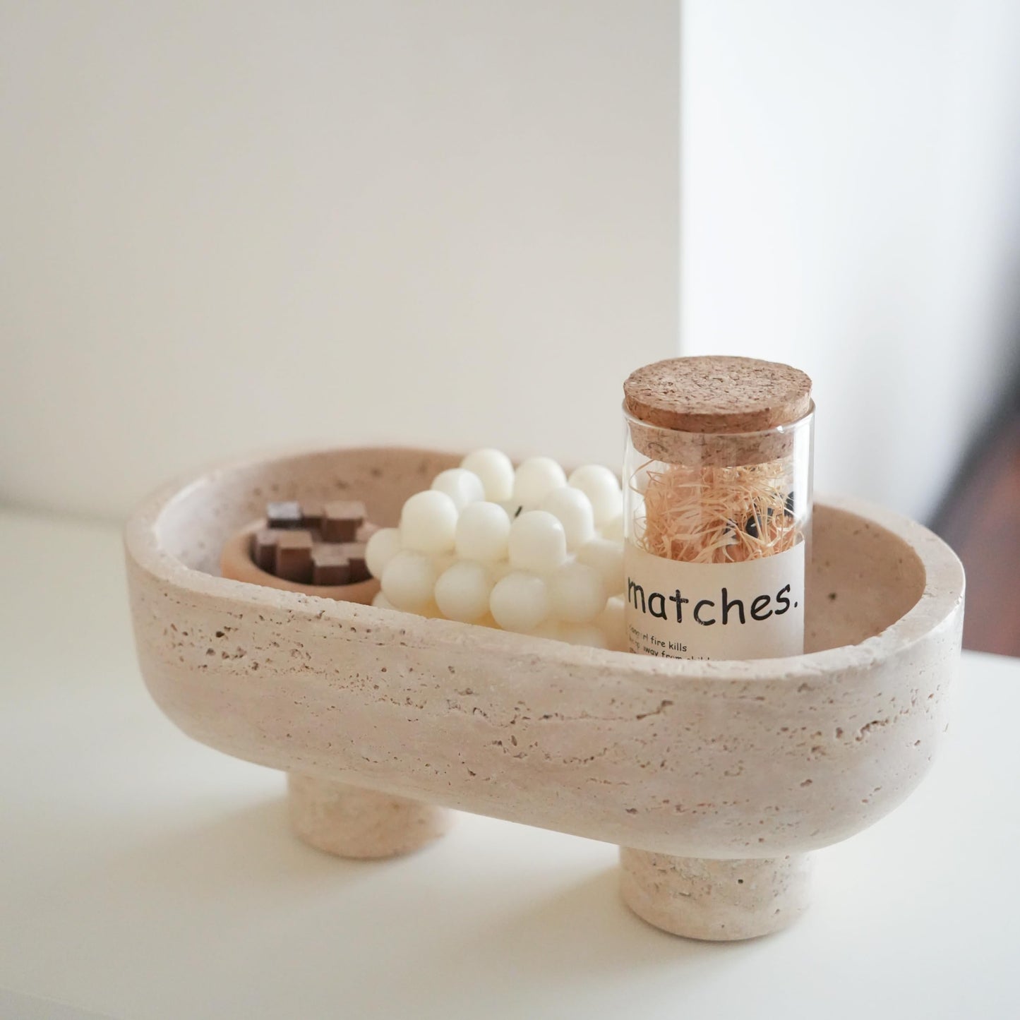 WILD WORKS Travertine Fruit Bowl, 10.2" Oval Beige Stone Serving Bowl for Kitchen Counter & Dining Table, Handcrafted Decorative Centerpiece with Non-Slip Feet for Home Decor