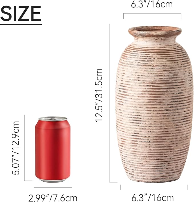 Ceramic Rustic Flower Vase, Large Farmhouse Vases Home Decor, 12.5" Tall Pottery Decorative Pampas Vase for Table Living Room Entryway Mantel Bookshelf Bedroom Bathroom Kitchen