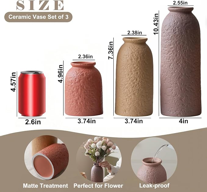 Large Decorative Ceramic Vase Set, 3 Pieces, Matte Taupe Orange Coral Beige, 10.4 Inch Tall, Nordic Modern Boho Style, Orange Peel Glaze Finish, Farmhouse Home Decor