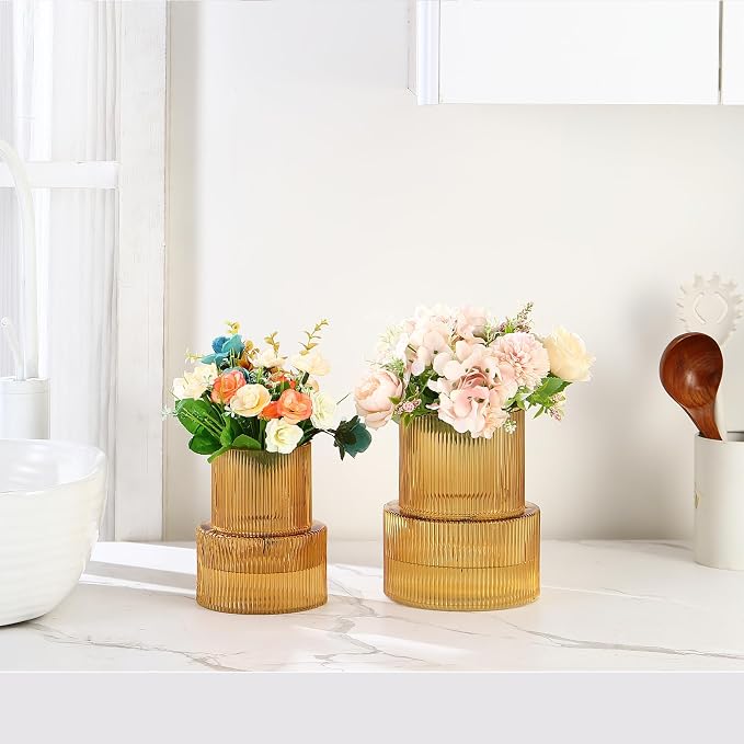 Ribbed Glass Vases for Bouquet, Set of 2 Amber Vases for Flowers, Amber Glass Vase for Tulips, Modern Vase for Living Room, Office, Coffe Table, Dining Table, Shelf, Wedding