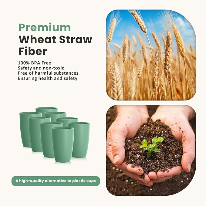 Homienly Plastic Cups Reusable 8 PCS Wheat Straw Cups a Good Alternative Drinking Glasses Cup Plastic Glasses Unbreakable Reusable Dishwasher Safe Cup Microwave Safe Cups with Green Color (20 OZ)