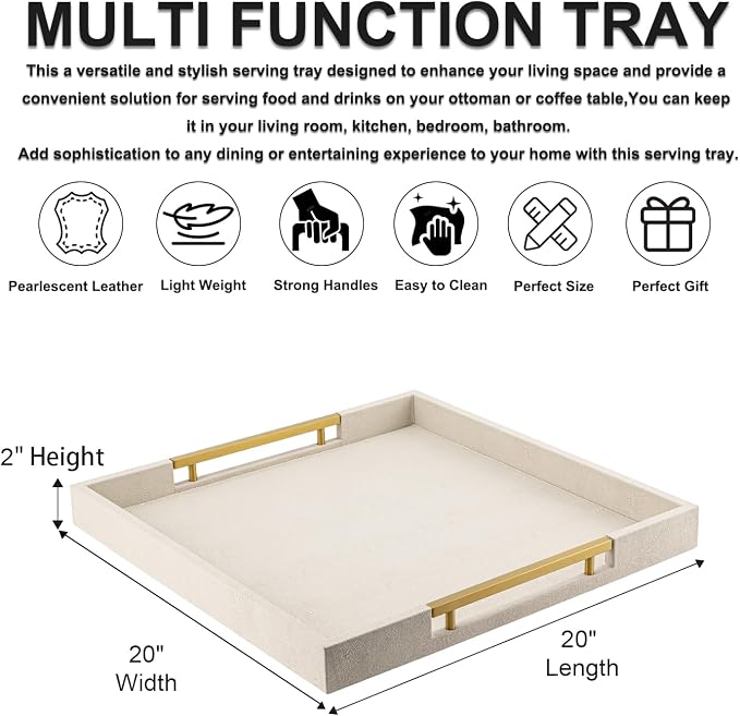 Beige Faux Leather Serving Tray with Handles – Large Decorative Tray for Coffee Table, Ottoman, Living Room, Bathroom – Home Decor