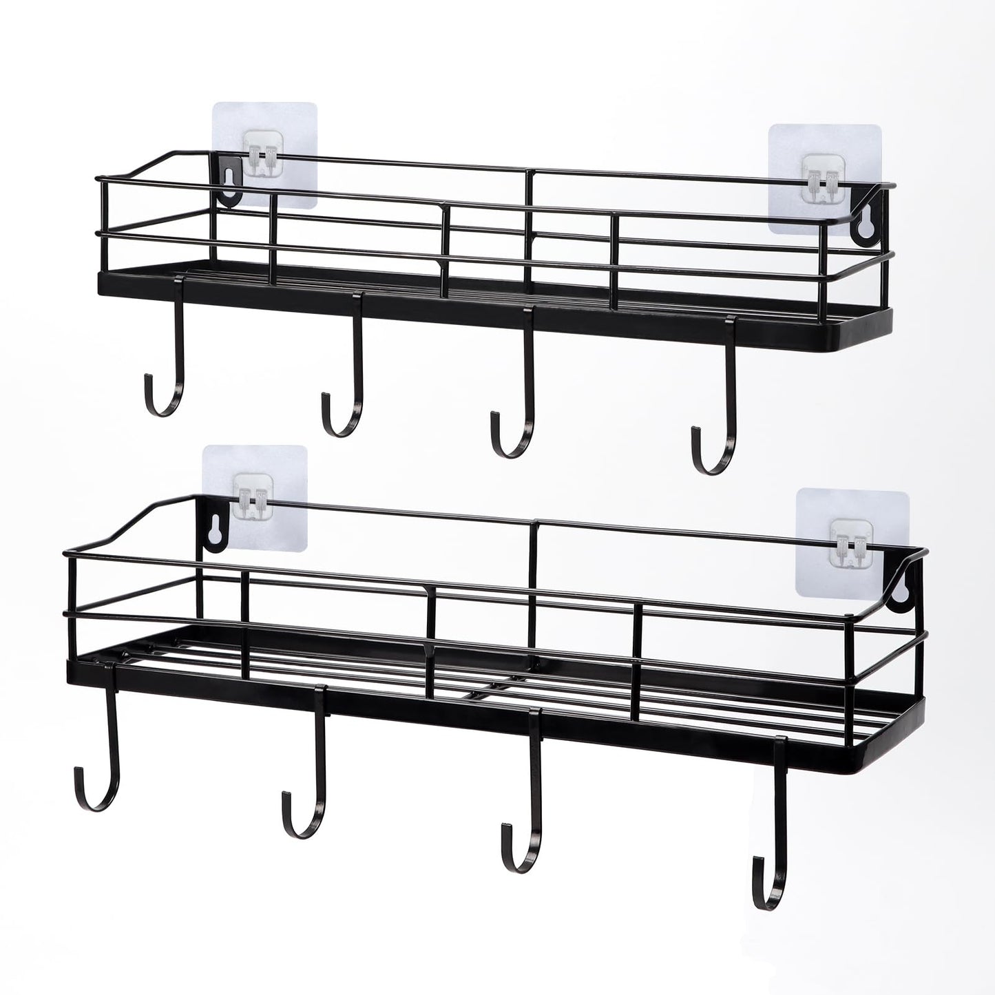 Lyeasw Black Floating Shelves Wall Mounted with 8 Removable Hanging Hooks, 15-Inch Adhesive Shower Shelf Organizer for Bathroom Kitchen Storage Rack, Set of 2