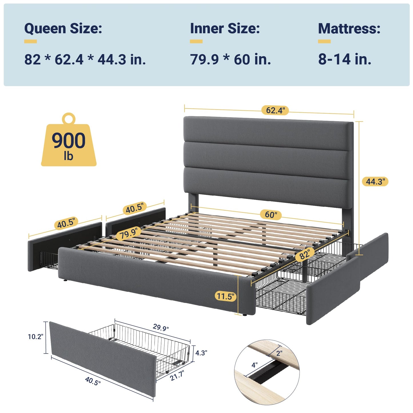 Allewie Modern Queen Size Platform Bed Frame with 4 Storage Drawers and Velvet Upholstered Headboard, Wooden Slats Support, Upholstered Mattress Foundation/No Box Spring Needed/Easy Assembly, Grey