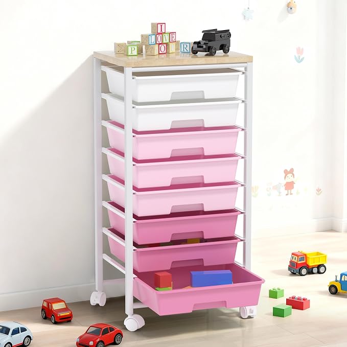 Rolling Cart with 8 Drawers, Storage Drawers Cart with Wooden Tabletop and Lockable Wheels, Craft Storage for Living Room, Office, Classroom, Craft Room, Bedroom