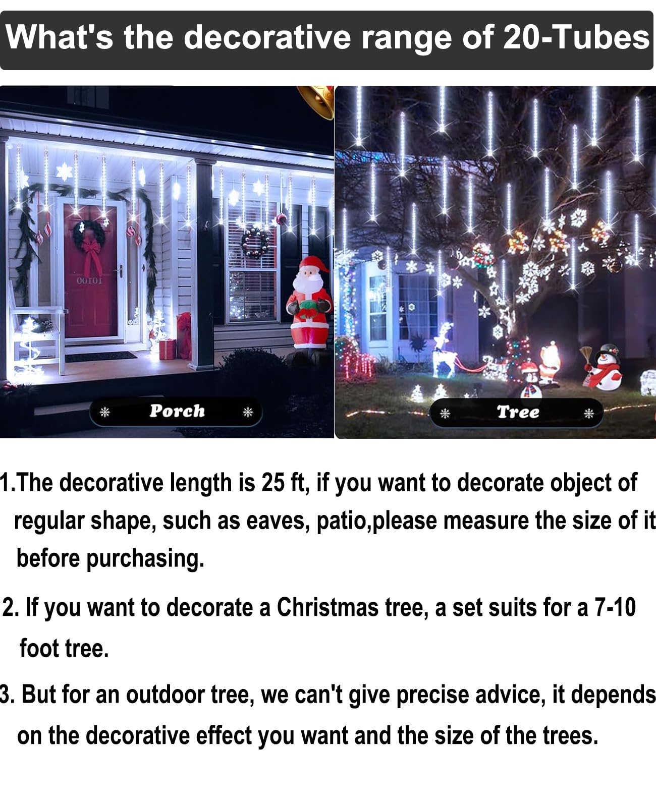 EAGWELL Christmas Lights Outdoor 16 Inch 20 Tubes Meteor Shower Rain Light, Waterproof Falling Icicle String Lighting for Xmas Tree Yard House Decor,Shine White