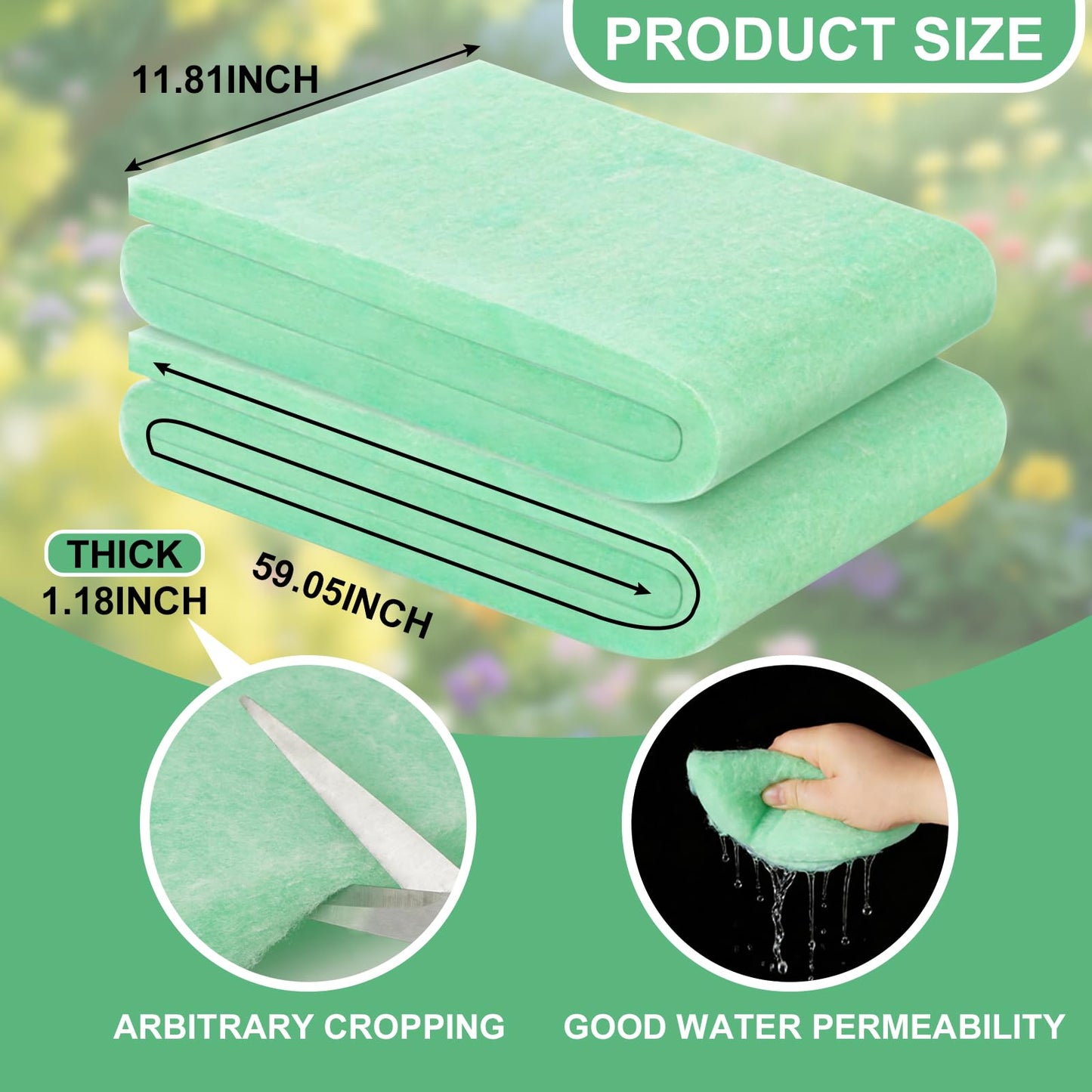 WSFSLJWDW 2-Pack Flower Pot Filler Insert Set with 59.05"x11.81" Green Drainage Mat & Black Gloves - Lightweight Planter Base for Indoor/Outdoor Garden Containers