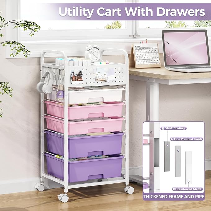 5 Drawer Rolling Storage Cart with Pegboard Top and Hooks, Mobile Organizer Cart with Wheels for Office Supplies, Craft Storage, Classroom Organization, Home Utility Cart, Dreamy Color