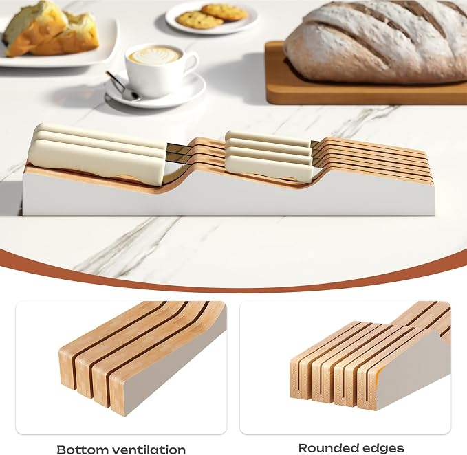In-Drawer Knife Block Organizer - Bamboo Wood Drawer Knife Organizer-Protecting Knife Organizer Block (Not Included) (White, 7 Knives Dock)