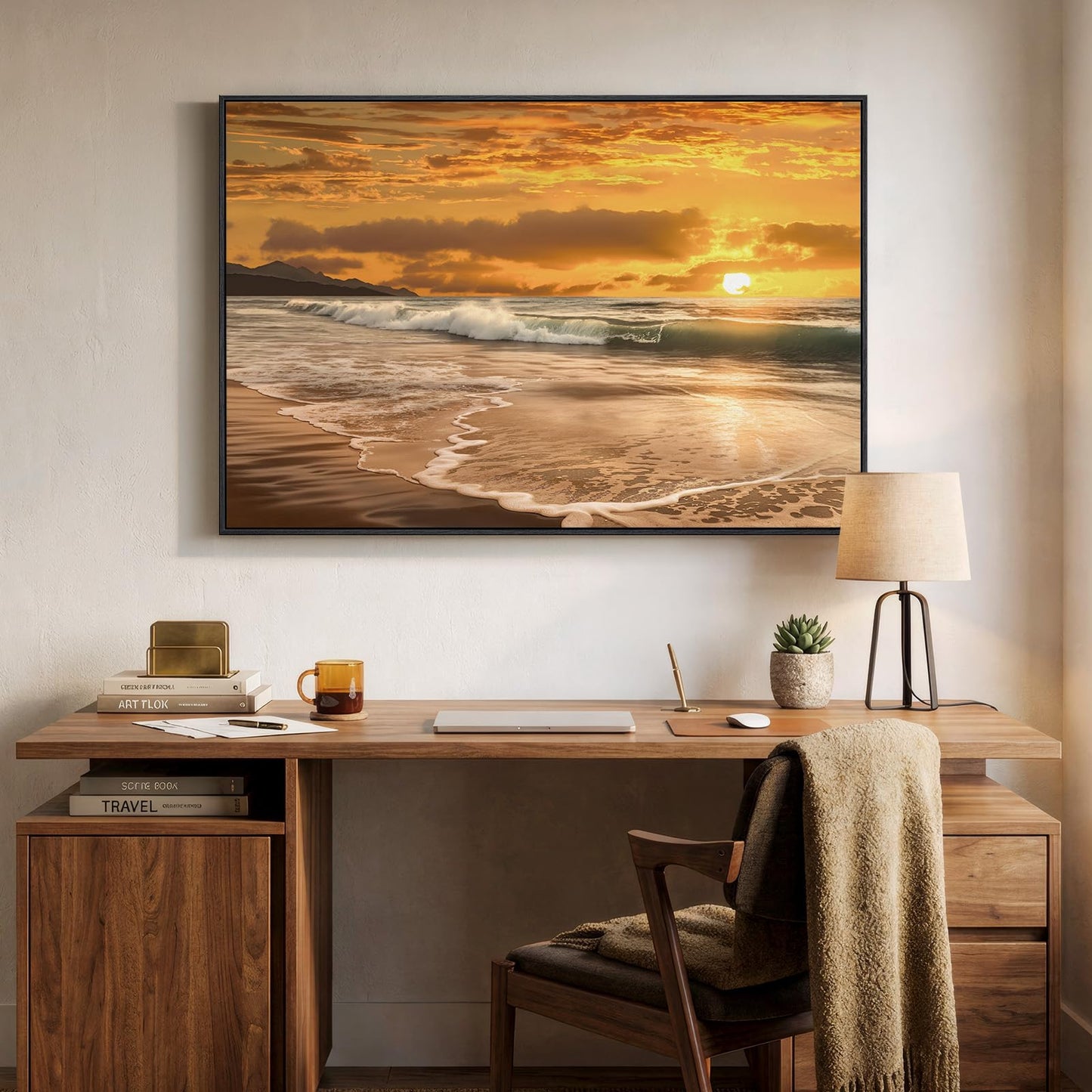 Framed Coastal Beach Wall Art, Ocean Landscape Large Canvas Prints Paintings Artwork for Walls, Gold Sunset Pictures Wall Decor for Bedroom Dining Room Living Room Bathroom Hallway Farmhouse, 24x36 In