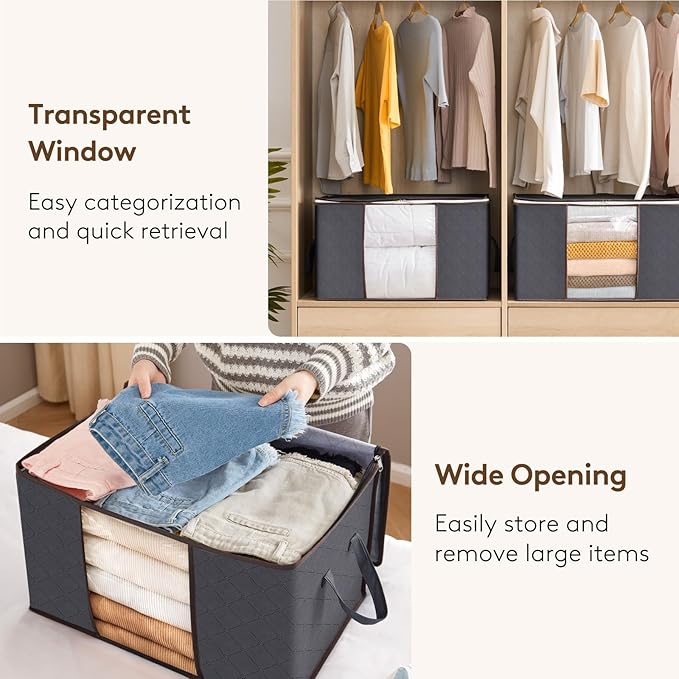 Lifewit 12 Pack 60L Clothes Storage Bins with Lids, Foldable Blanket Storage Bags with Zippers, Clear Window and Reinforced Handles, Closet and Organization for Clothing, Sweater, Comforter, Bedding