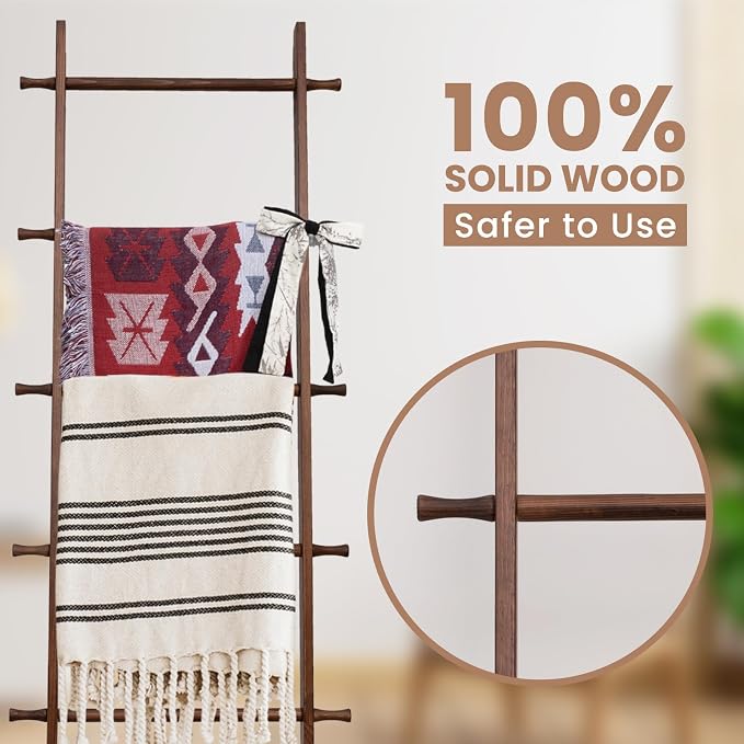 Blanket Ladder, 5-Tier Wooden Quilt Stand, Decorative Ladder Shelf, Farmhouse Ladder Blanket Holder, Wall Leaning Towel Storage Rack for Living Room, Brown