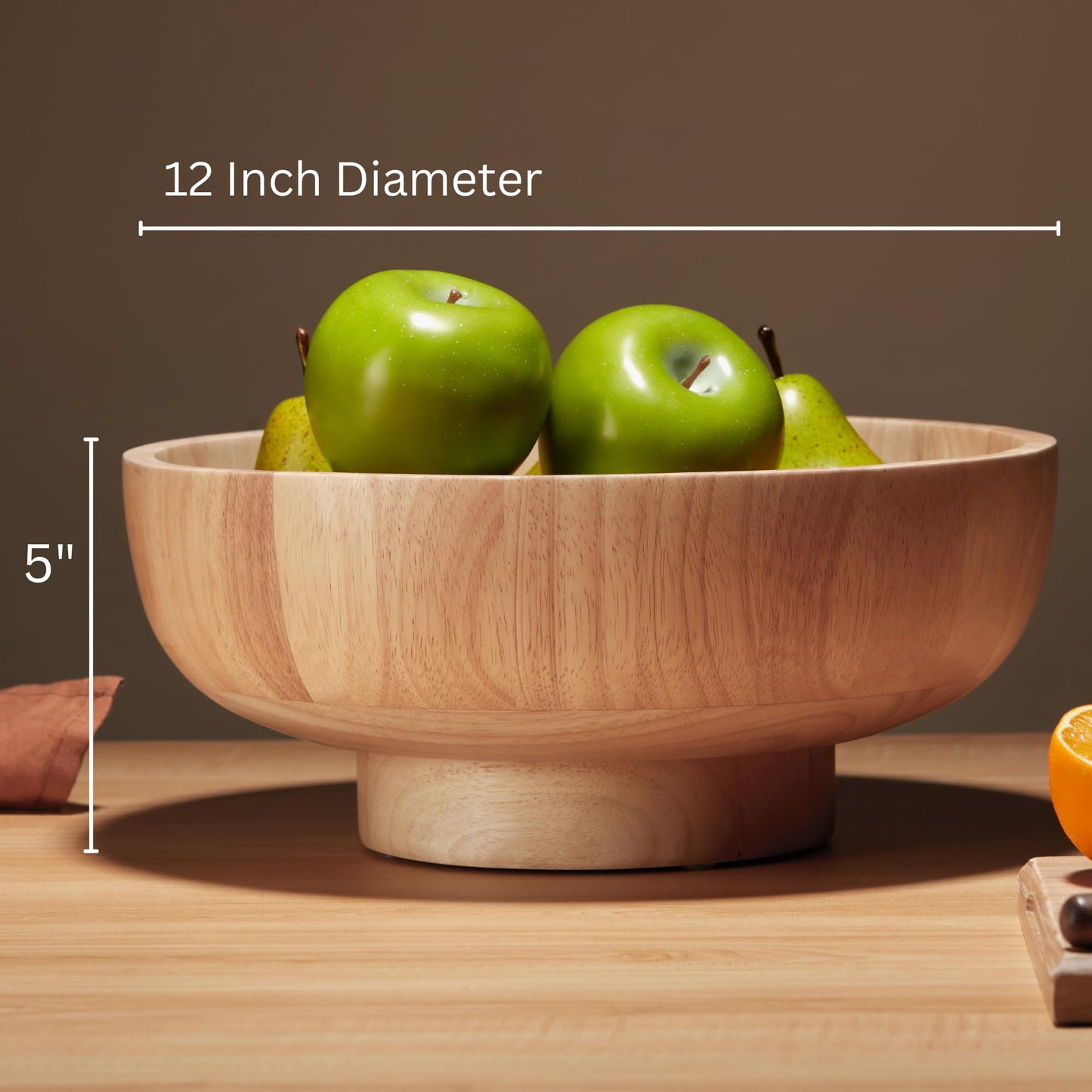 IVE Design Wood Fruit Bowl for Kitchen Counter, 12-inch Diameter Large Wooden Fruit Bowl, Natural Wood