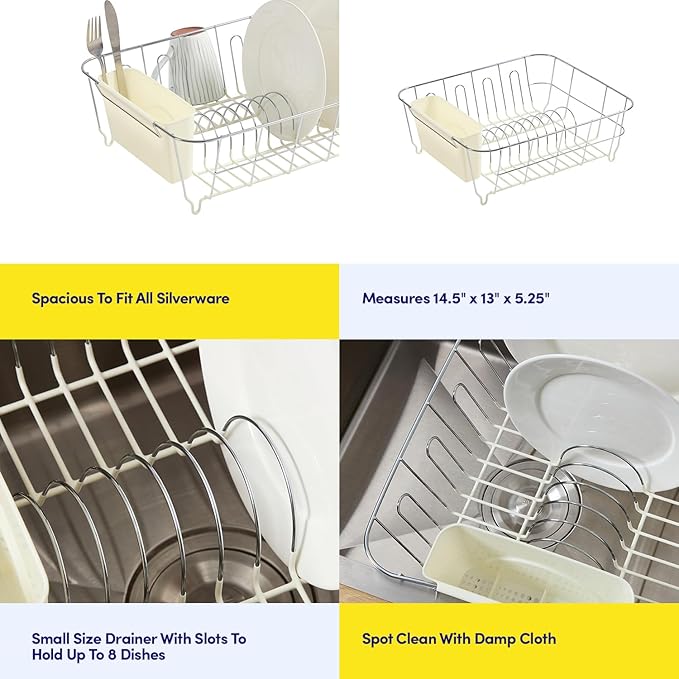 Dish Drying Rack & Cutlery Holder 2 Piece Set - Compact Sink-Fitting Dish Drainer with Rubberized Undercoating, Space-Saving Kitchen Organizer for Plates, Cups, Bowls & Utensils in Sink, Ivory