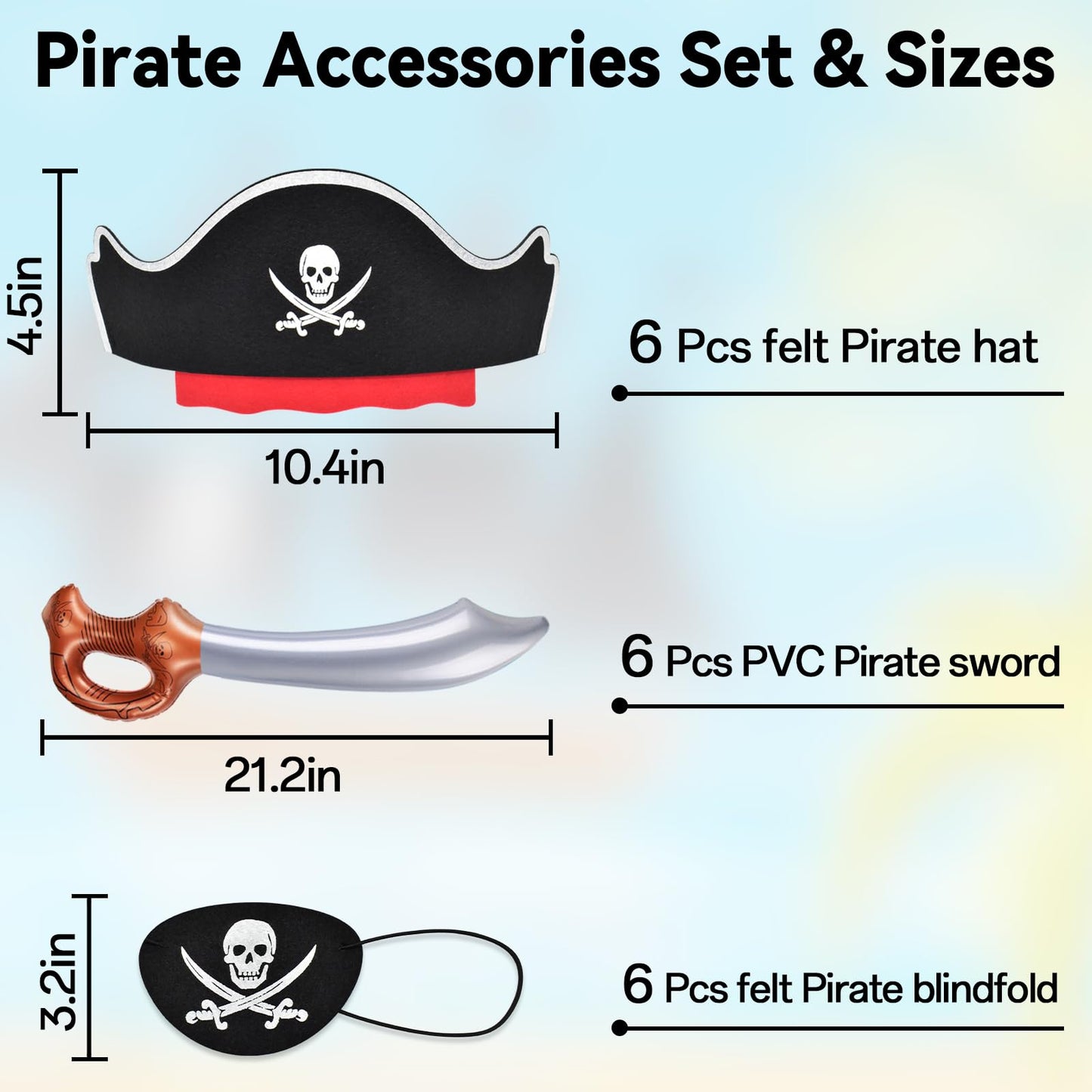 ZeeDix 18 Pcs Pirate Accessories for Kids, Include 6 Pirates Hats, 6 Eye Patches and 6 Swords, Pirate Party Decorations for Christmas, Halloween, Masquerade, Cosplay, Birthday
