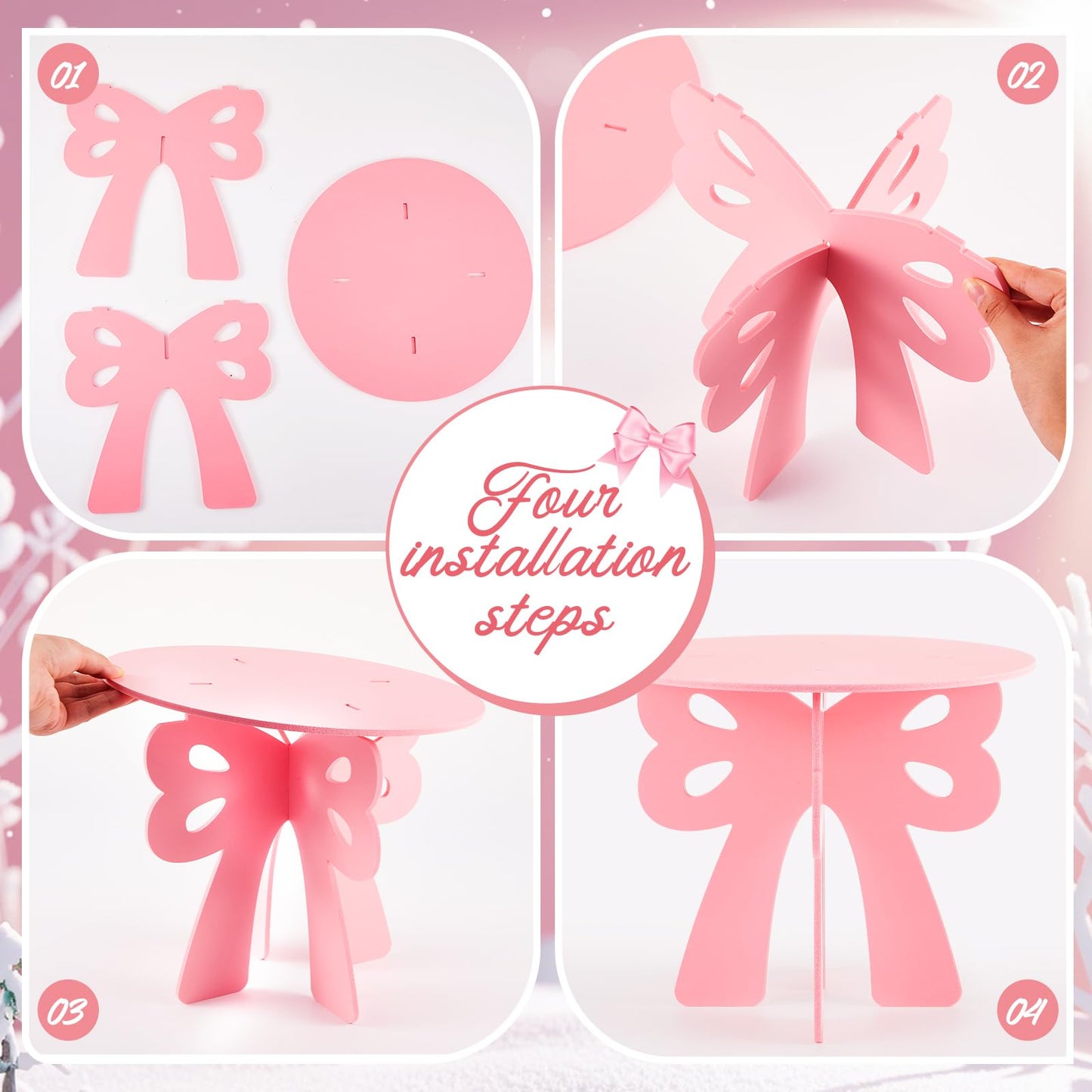 Lallisa Bow Cake Stand Pink Coquette Party Decorations 3D PVC Dessert Holder for Baby Shower Wedding Decor Holiday Props Theme Gift Birthday Bachelorette Bridal Party Supplies