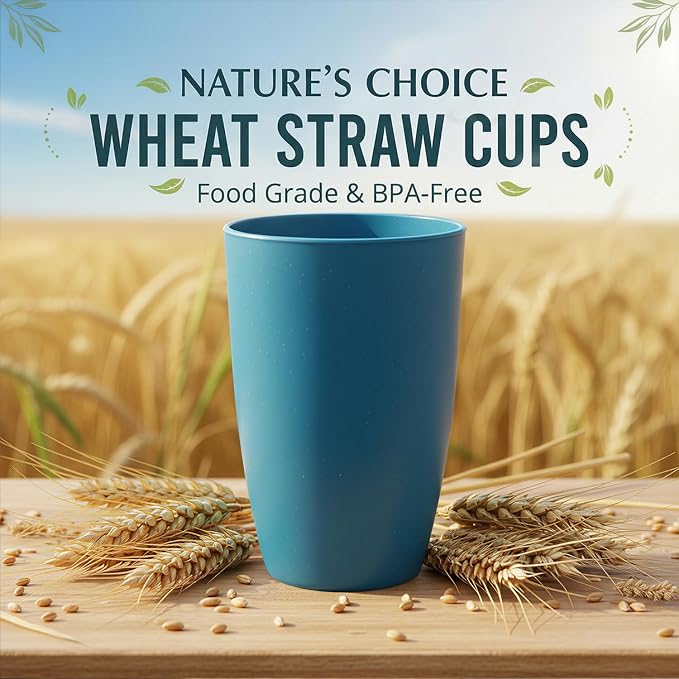 Wrova Wheat Straw Cups Reusable Kitchen Cups Set of 8, Unbreakable 20oz Drinking Cups Alternative to Large Plastic Cups, Dishwasher Safe Big Tumblers & Water Glasses- Vibrant