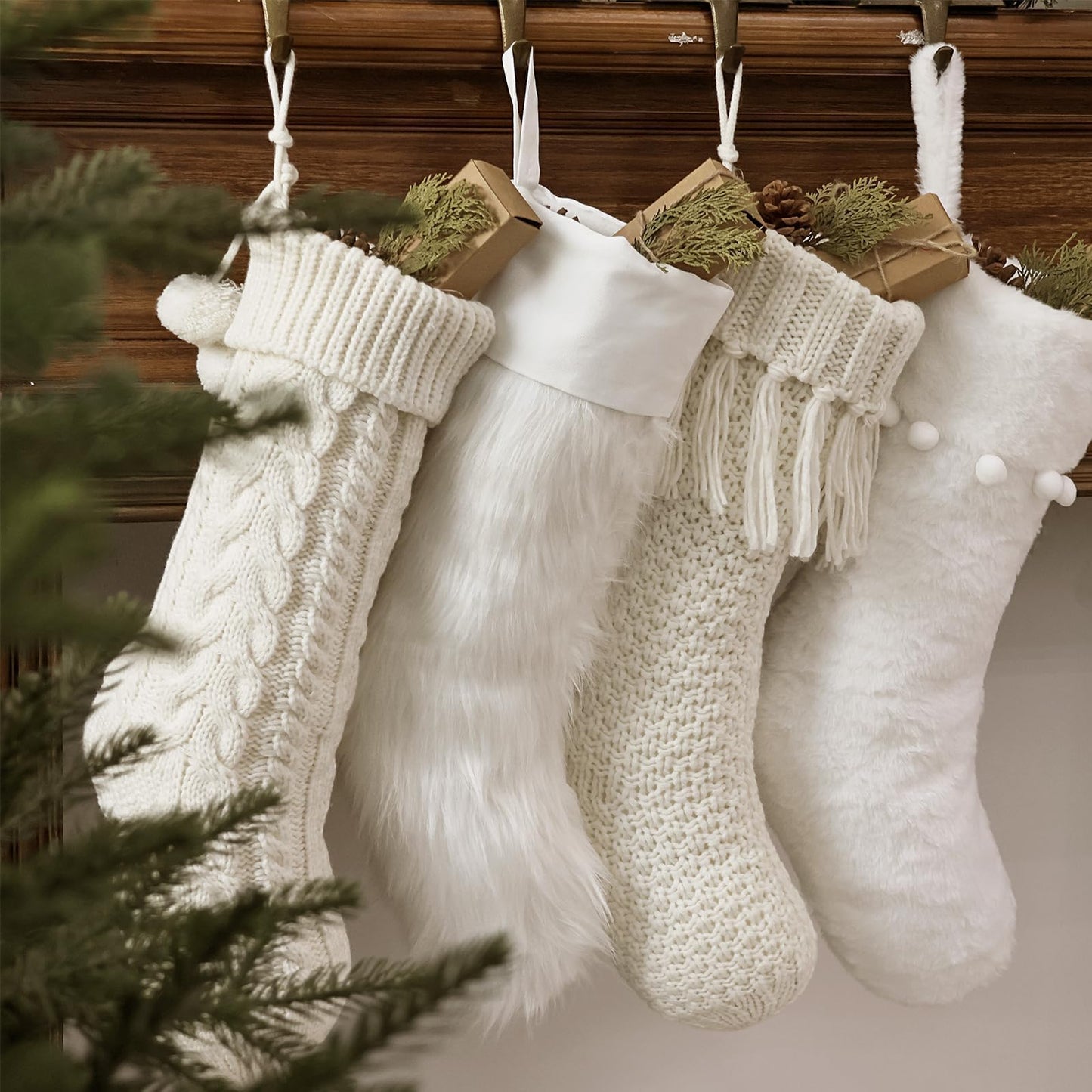Personalized Christmas Stockings: 4 Pcs 18 Inch White Farmhouse Plush Faux Fur & Cable Knitted Fireplace Xmas Stockings, Rustic Personalized Stocking Hanging Gifts Decorations for Family Holiday Decor
