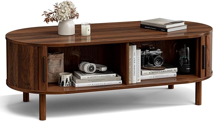 ZttRiee Coffee Table for Living Room, Modern Oval Coffee Table with Cabinets & Sliding Doors, Home Small Space, 47.2" Fluted Center Table, Walnut
