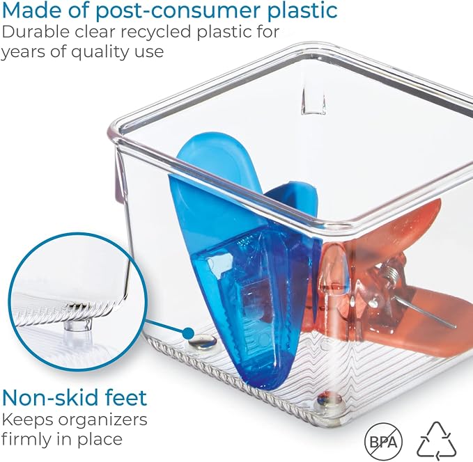 iDesign Linus Plastic Kitchen Drawer Organizer for Silverware, Spatulas, Cutlery, Gadgets, Office Supplies, Cosmetics, 4" x 4" x 3", Set of 2, Clear