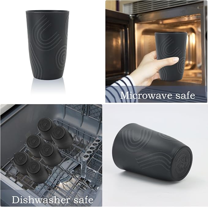 Wrova Wheat Straw Cups 16oz set of 8 with Etched Pattern - Alternative Plastic Cups Dishwasher Safe Tumbler - Plastic Drinking Cups Unbreakable for Kids - Pure Black