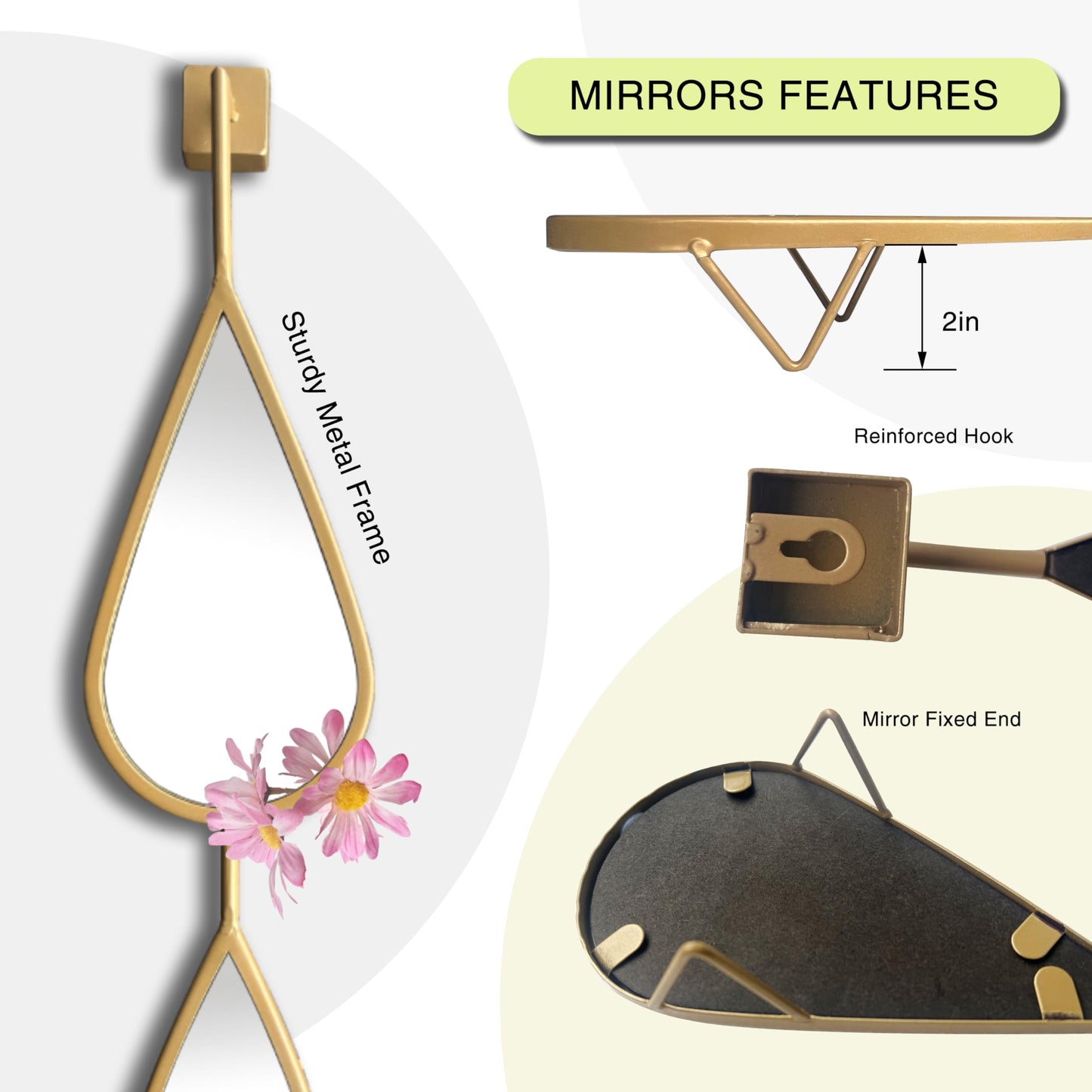 BAODANFU Wall Mirror Decorative Mirrors Mounted Decor Tear Drop Shape Gold for Bedroom Living Room Entryway Bathroom Vanity Brassy Gold Metal Frame, 5-Pack Mirrors Set