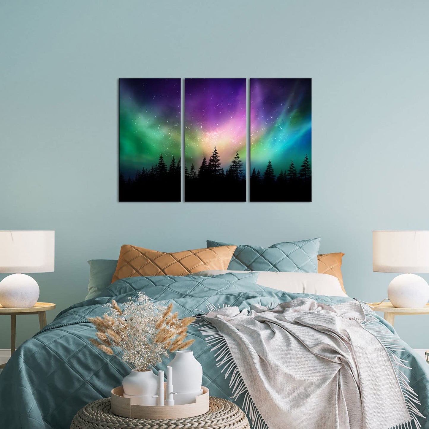 Innopics Northern Lights Wall Art Green Aurora Starry Home Decor Forests Landscape Pictures Photography Canvas Prints Art for Living Room Bedroom Offices 12" W x 24" H x3PCS
