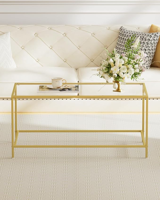 Homleke Glass Coffee Table, Modern Rectangular Coffee Table for Living Room, Minimalist Center Tea Table with Sturdy Metal Frame for Apartment, Office, Easy Assembly, 39.4 x 19.7 x 17.7 Inches, Golden